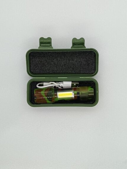Mini linterna led táctica recargable usb camuflada zoom